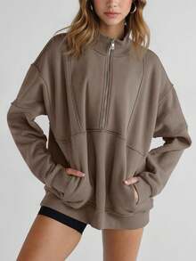 Fisoew Women's Fleece Half Zip Pullover - Stand Collar Thumbhole Oversized Sweatshirt With Pockets, Warm Long Sleeve Athletic Top For Winter Running & Casual Wear - 棕色 - 查看 3