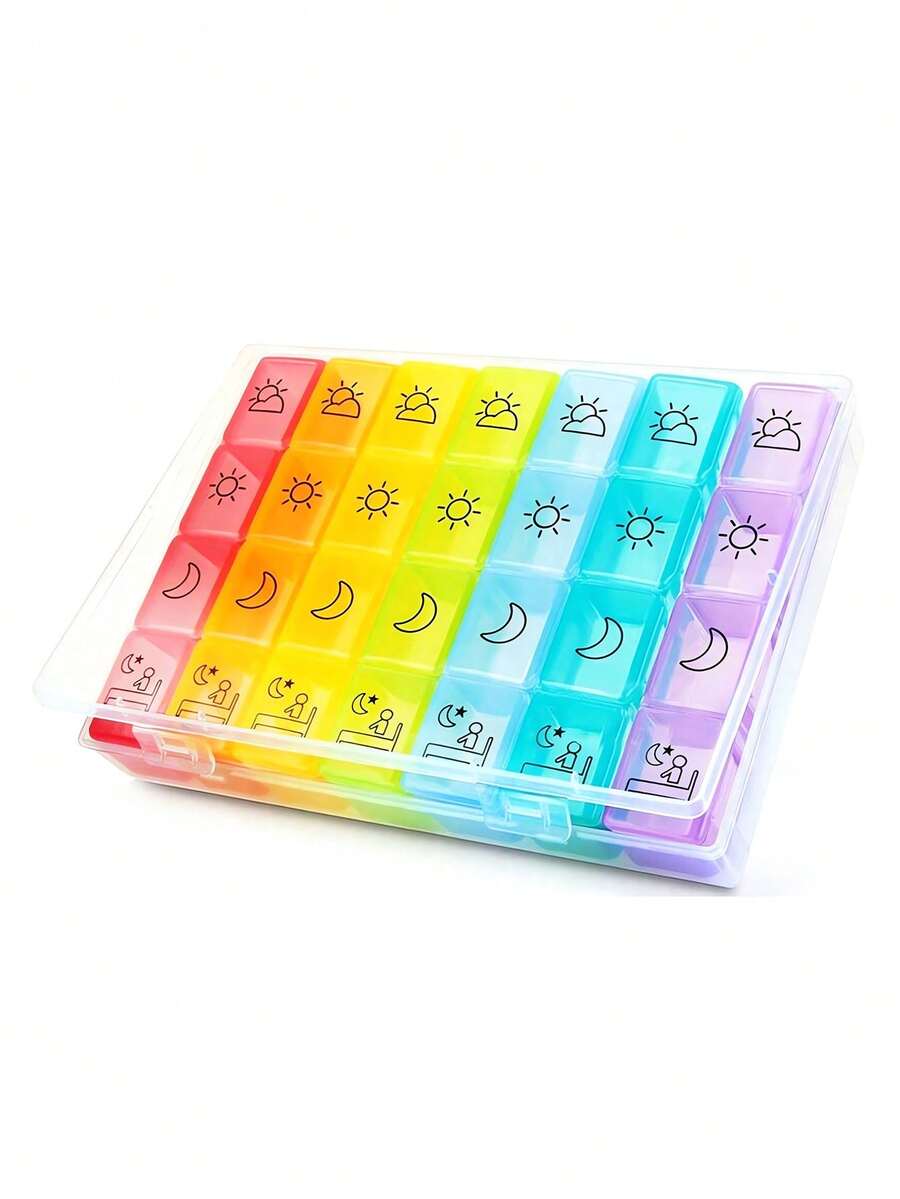 Hộp đựng thuốc 28 ngăn, 7 ngày, hộp đựng thuốc thiết yếu khi đi du lịch, hộp đựng thuốc bằng nhựa PP di động, hộp đựng trang sức mini không mùi, thiết kế nắp lật, quản lý thuốc hàng ngày tiện lợi. Hộp đựng thuốc bằng nhựa lớn 21/28 ngăn, 7 ngày, màu cầu vồng, hộp đựng thuốc hàng tuần khi đi du lịch, hộp đựng thuốc di động, thích hợp cho gia đình, văn phòng và các hoạt động ngoài trời. - Nhiều màu - Xem 1