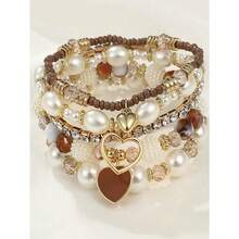 5pcs Pearl & Crystal Beaded Bracelets, Fashion Multilayer Wrist Bracelet Set For Women