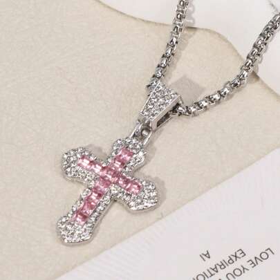 1pc Silver Color Crystal Cross Pendant Necklace For Men, Personalized Iced Out Fully Rhinestone Cross Sweater Chain Men Jewelry