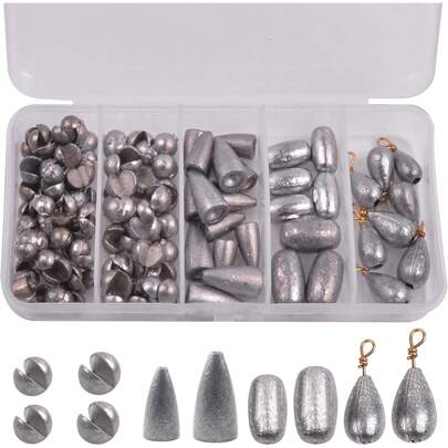 106pcs Fishing Weights Assortment Saltwater Fishing Weights Sinkers Kit Assorted Bass Casting Weights Bell Sinkers Split Shot Fishing Weights With Tackle Box Saltwater Freshwater