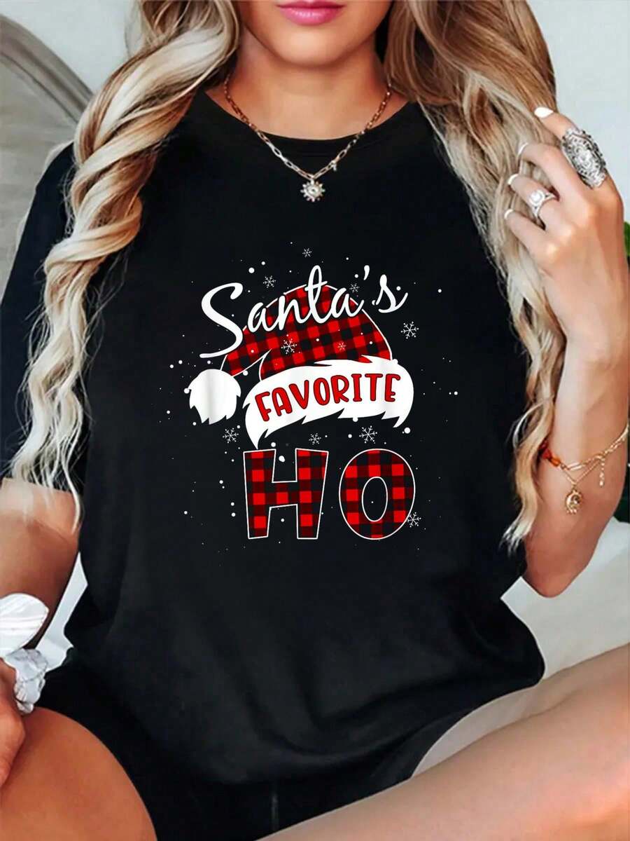 100% Cotton Funny Santa's Favorite Ho Christmas Plaid Buffalo  T-Shirt Women's Men's Graphic Tee,Casual Short Sleeve Shirt - màu đen - Xem 1