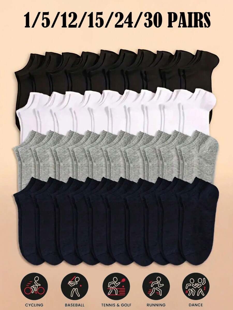 1/5/10/12/15/24/30双装女士短袜，纯色短袜，黑白灰三色可选，适合春、夏、秋、冬四季穿着，是远足、返校、圣诞节、新年、感恩节的理想礼物。