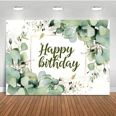 1 szt. Zielone tło urodzinowe z roślinami, sukulenty i liście eukaliptusa, tło do fotografii urodzinowej, kwitnące liście eukaliptusa, odpowiednie do dekoracji urodzinowych