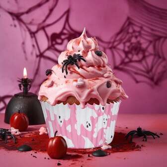 100 st, Halloween-cupcake- och dessertformar, Halloween-cupcakeformar, rosa spökformar, bakformar, förpackningar, oljetåliga muffinsformar, rosa spökformar för Halloween-mat och tårta, pappersformar