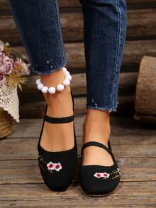 Zapatos planos de mujer para otoño/invierno con suela suave, punta cuadrada, banda elástica y bloques de color, aptos para uso interior y exterior - Bordado negro - Ver 5