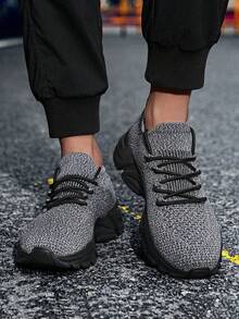 Men's Gray Knit Sneakers With Chunky Black Sole - Breathable Comfort For Urban Everyday Style, Year-Round Shoes For Men​ - 彩色 - 查看 2