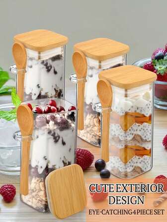 4 piezas Recipientes cuadrados de vidrio para avena overnight con tapas de bambú y cucharas de madera - Tarros reutilizables para preparación de comidas para pudín, yogur, cereales y mousse de fruta fresca, almacenamiento para preparación de comidas | Recipientes transparentes | Incluye cucharas de madera