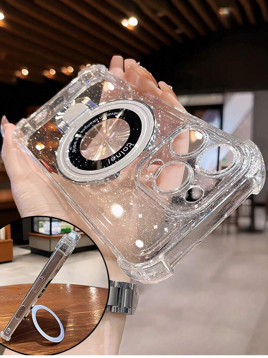 Magnetic Phone Holder Case Compatible With IPhone 16 Pro Max, 15 Pro Max, 14, 13, 12, 11, XS, XR, 8 Plus, 7 Plus, Transparent, Glitter, Airbag, Anti-Fall Design Waterproof Shockproof Scratch Resistant - Clear - View 1