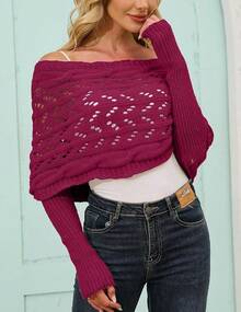 Knitted Wrap, Scarf Women, Hollow Out Crochet Shrugs, 2024 Knit Sweater Scarf With Sleeves - 玫紅色 - 查看 4