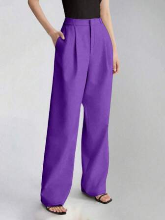 Women's High Waist Side Pocket Wide Leg Suit Pants, Spring/Autumn