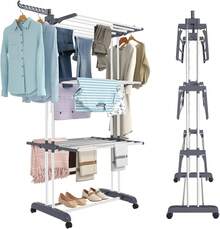 Tendedero Vertical Plegable 4 Niveles, para Ropa Airer de Metal Acero Inoxidable,Soportes Tendederos Portátil,Rack Retráctil para Ropa con Alas Laterales y Ruedas - 1 - Ver 7