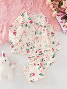 女婴淡桃色兔子和花卉印花领开衫和裤子两件套休闲家居服 - 彩色 - 查看 1