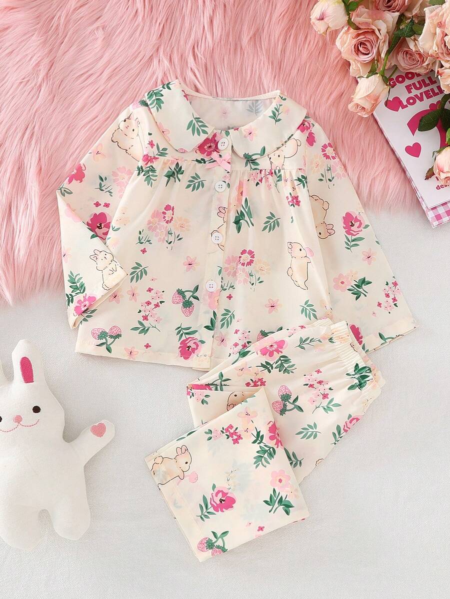 女婴淡桃色兔子和花卉印花领开衫和裤子两件套休闲家居服 - 彩色 - 查看 1