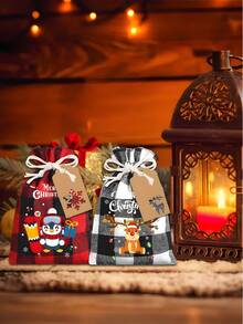 6pcs Christmas Drawstring Bags,Xmas Buffalo Plaid Burlap Candy Bags Linen Treat Bags Christmas Jute Burlap Treat Candy Goodies Drawstring Bags With Tags For Xmas Favors Supplies