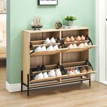 HAUSPROFI Say Goodbye To Hallway Clutter With This Durable, Naturally Beautiful Rattan Shoe Rack (100 X 23.8 X 87.8 Cm) – 4 Folding Doors + 8 Adjustable Shelves, Sturdy And Natural – Eliminate The Chaos In The Entryway! Perfect For Hallways And Entryways (Oak, White, Black) - 橡木色 - 查看 2