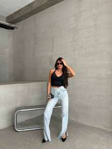 SQUALO Pistachio Green Leopard-Patterned High-Waisted Wide-Leg Pants | Bold And Stylish Design - Dusty Blue - View 3
