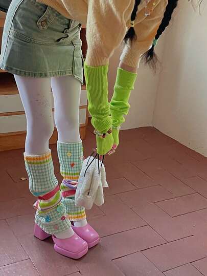 1pair Colorful Millennial Hot Girl Striped Socks-Contrast Color Ins Style Pile Knitted Yarn Leg Cover-Pay Attention To The Random Color Position Of Color Buttons