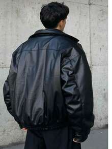Oversize Men's Coat. Fiber-Filled Faux Leather Fabric Keeps You Warm In Winter - Black - View 2