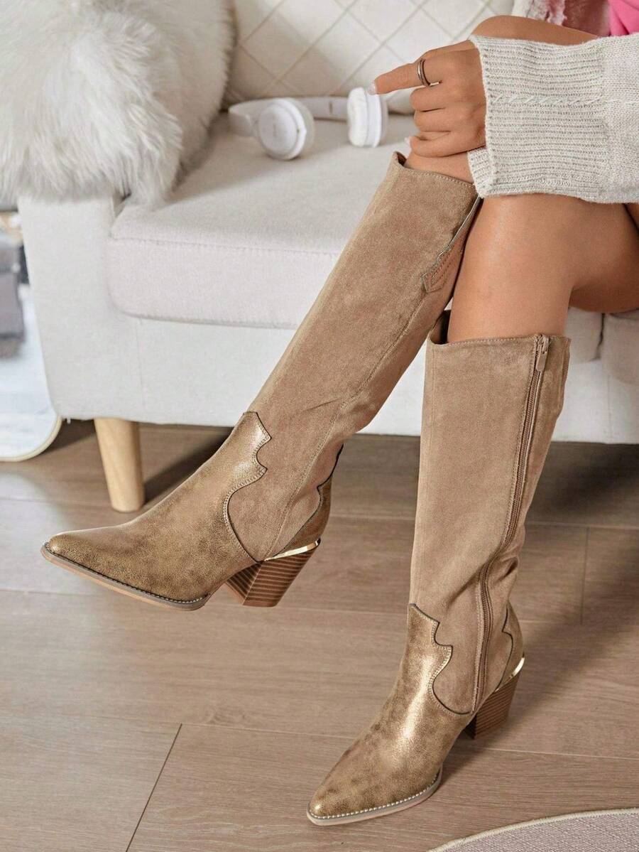 VIKIVIKI SHOES Women's Tall Cowboy Boots, Long Shaft, Elegant Design, Fine Toe, Wide Heel, Durable Sole, Comfortable For Casual Wear Or Special Events. Estimated Delivery: 1-3 Business Days (Peninsula). - 駝色 - 查看 1