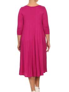 Plus Size Casual 3/4 Sleeves Basic A-Line Pleated Solid Midi Dress  Wedding - Magenta - View 4