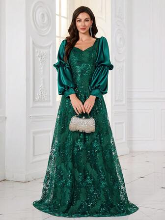  UNITHORSE【随机印花】女士甜心领口长袖修身亮片气质晚礼服