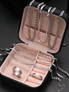 17KM Conjunto de colar minimalista masculino com corrente cruzada (51/33/14/8/4 peças), conjunto de anéis simples com strass, conjunto de pulseira de couro em formato de 8, conjunto de brincos de pino, conjunto de acessórios de joias masculinas, adequado para férias, encontros, dia a dia, ocasiões casuais, festas, presente para namorado, pai, amigo (sem caixa)
