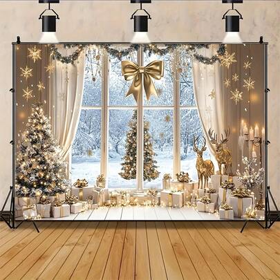 1 Holiday Christmas Background With Snow Window View, Golden Bow, Candles And Candle Silk Photo Background, Suitable For Home, Party, Event Decoration, Modern Holiday Photography Banners, Christmas Decorations