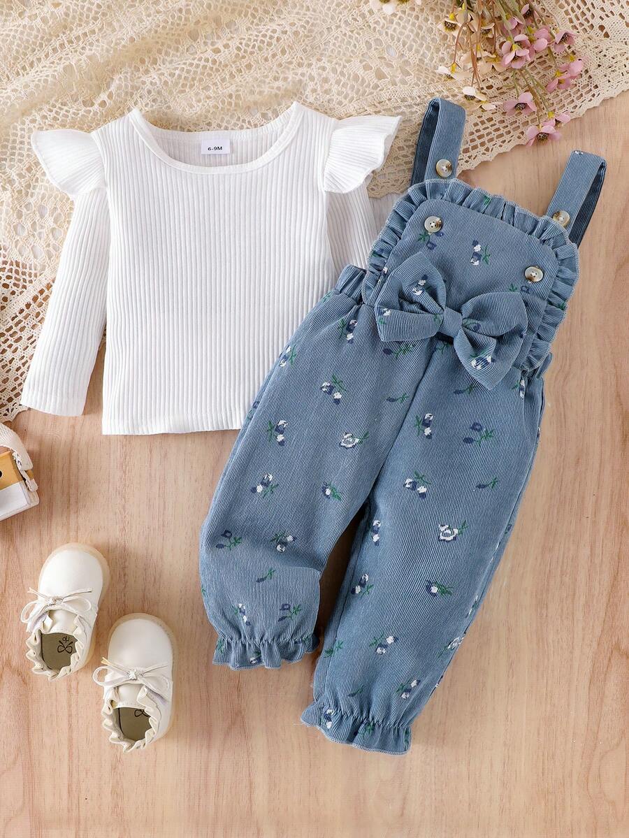 2pcs Baby Girl Casual Solid Color Ribbed Long Sleeve T-Shirt Top And Ditsy Floral Bow Decor Bib Overalls Pants Set