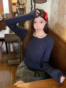 Autumn/Winter Korean Style Lace Patchwork Round Neck Button Design 2 In 1 Long Sleeve T-Shirt - Blue - View 1