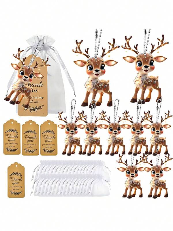 30 Piezas/10 Juegos Llavero de Reno de Navidad de Acrílico, Llavero de Reno de Dibujos Animados Regalos de Fiesta, Viene con una Bolsa de Seda y una Tarjeta de Agradecimiento. Adecuado para Bodas, Cumpleaños, Aniversarios, Despedidas de Soltera, Fiestas y Celebraciones en General. Temática Navideña, Decoraciones Navideñas, Recuerdos de Fiesta de Navidad.