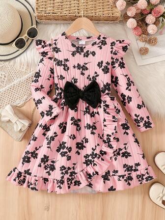 Young Girls' Sweet Floral Print Dress, Butterfly Sleeve, Ruffle Hem, Cute & Fashionable Casual Princess Dress, Suitable For Outdoor Activities, Parties, Balls, Autumn/Winter
