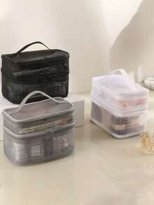 1pc Double-Layer Mesh Cosmetic Bag, Transparent Portable Organizer, Makeup Brush Holder, Popular Toiletry Bag, Cosmetics Storage Pouch, Large Capacity Multi-Compartment Design, Hand Bag, Beach Bag, Mesh Tote, Makeup Bag Makeup Travel Toiletry Organizer Clear Essentials Gifts Storage Zipper Accessories Nail Bags, Makeup Bag, Storage, Makeup Organizer