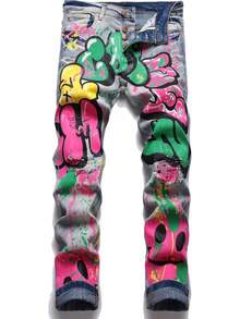 Men's Casual Printed Jeans Skinny Denim Pantshalloween - 白色 - 查看 9