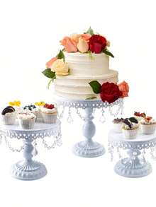 3Pcs Antique Cake Stand Set - Round Metal Cupcake Stands With Pendants And Beads - Elegant Dessert Display, For For Wedding, Birthday Party Decor - trắng - Xem 5