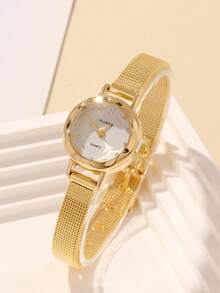 1 pieza Reloj de cuarzo de mujer pequeño, multifuncional y de moda, con esfera redonda y sencilla, correa de aleación, reloj de pareja o hermanas, adecuado para uso diario y como regalo de vacaciones - Dorado - Ver 12