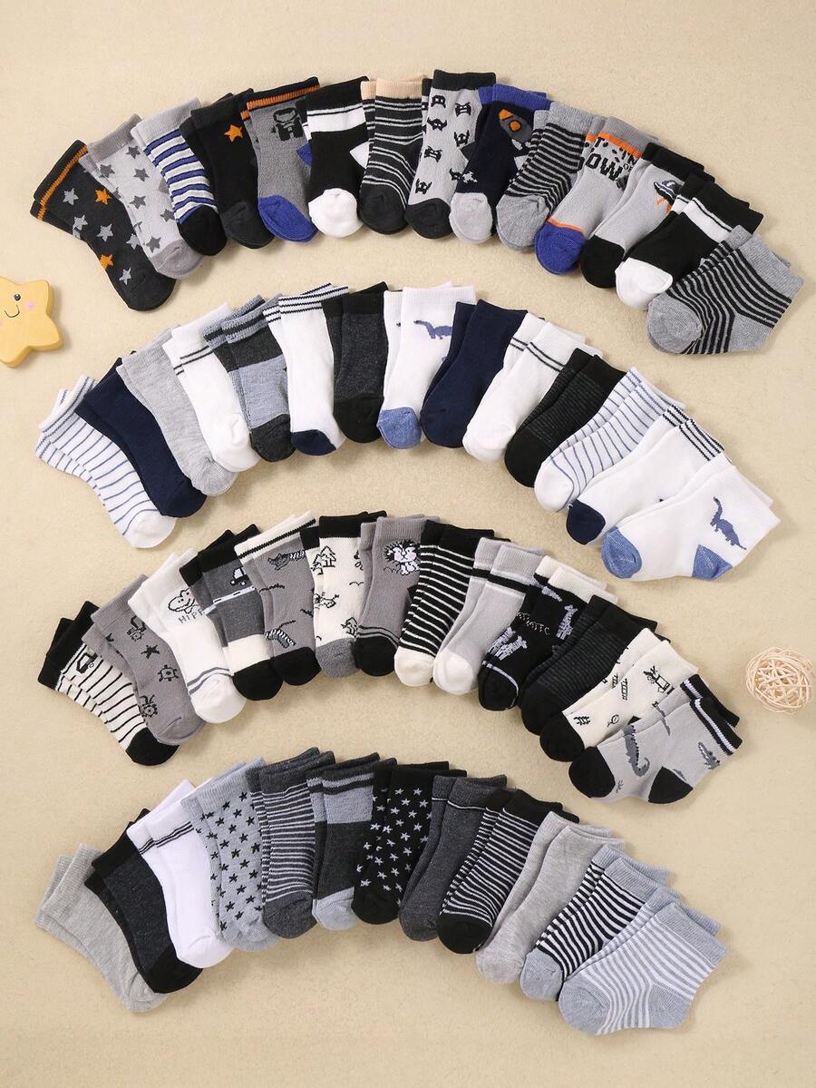 20/10/5 双装随机款式可爱印花中筒婴儿袜，图案包括卡车、星星、长颈鹿、小狗、恐龙、条纹、星系、宇航员、太空探索，适合作为圣诞节/感恩节礼物，四分之一袜，婴儿袜，新生儿袜，幼儿袜，婴幼儿袜 - 彩色 - 查看 1