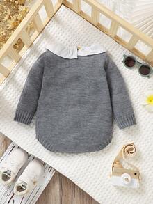婴儿毛衣连体衣，甜美荷叶边领长袖三角按扣裆部连体衣，可爱蘑菇提花休闲连体衣 - 灰色 - 查看 3