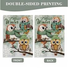 1pc Winter Yard Textile Hanging Decor, Green Theme Welcome Winter Cute Owl Garden Flag, 12x18 Faux Linen Double-Sided Printed, Christmas Snowy Cottage Home Decor, Suitable For Winter Country Party, Outdoor Lawn, Porch, Cafe, Farmhouse Decoration, Flag Pole Not Included