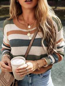 Women's Casual Contrast Stripe Dropped Shoulder Long Sleeve Sweater - Multicolor - View 5