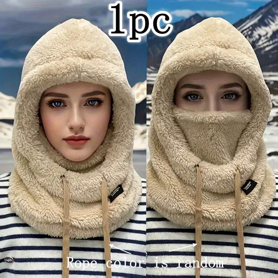 Winter Fleece Face Mask Hat - Elastic Drawstring Closure, Lightweight & Warm For Cycling, Skiing, Outdoor Sports, Solid Color Balaclava, Warm Lined Windproof Ear Protection Cap, Unisex