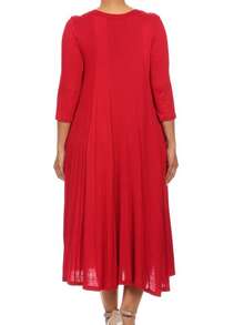 Plus Size Casual 3/4 Sleeves Basic A-Line Pleated Solid Midi Dress  Wedding - Đỏ - Xem 4