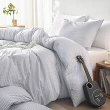 Striped Comforter Set Ticking Stripe Vertical Pinstripe Neutral Farmhouse Pattern Printed Soft Lightweight Bedding 3 Pieces Gray Queen Size - Xám - Xem 6