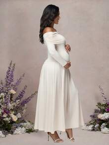 JustVH Maternity Off Shoulder Long Sleeve Solid Color Dress Autumn And Winter Pregnant Maxi Dress For Baby Shower Party, Gender Reveal