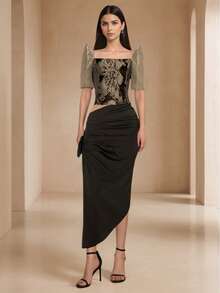 Amyenjoylife 现代菲律宾传统上衣，蝴蝶袖菲律宾传统上衣，女士春夏花卉优雅泡泡袖立领衬衫，女士菲律宾传统短款上衣，卡其色上衣