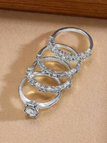 4 قطع/مجموعة خواتم قابلة للتكديس أنيقة، مرصعة بأحجار الزركونيا المكعبة اللامعة بشكل قطرة الدمع والمستطيل، تجسد الرومانسية والأناقة، مناسبة للارتداء اليومي، وتشكل هدية رائعة لرأس السنة الصينية الجديدة، بدون علبة هدايا - فضي - مشاهدة 2