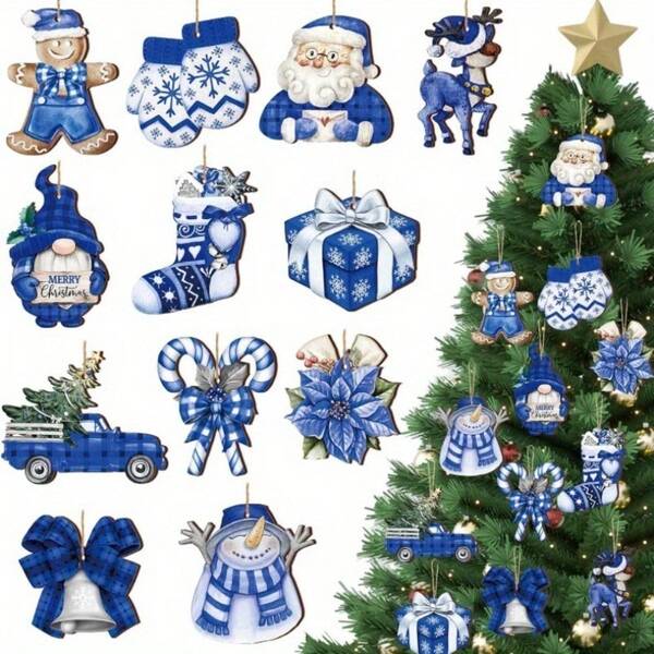 12 pezzi Decorazioni natalizie in stile bohémien in legno artificiale - Decorazioni per albero di Natale, ghirlande e decorazioni per feste invernali a casa con motivi ad acquerello blu vintage, fiocchi di neve, renne, pan di zenzero e stelle