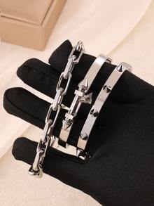 3pcs Silver Punk Rock Exaggerated Spike Stainless Steel Bangle Bracelet Set With Stainless Steel Cross Bracelet, Inlaid With Artificial Zirconia Diamonds, Suitable For Women's Daily Wear, Gift - Bracelet Set - View 12