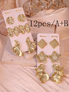 6/12pcs Fashion New ABS Plastic 5-Petal Flower, Bowknot, Multi-Shape Earring & Stud Set, Suitable For Women Daily Wear - Gold - View 6