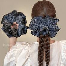 Fashion Retro Plaid Double-Layer Large Intestine Hair Band Low Ponytail Hair Rope Ball Head Women's Rubber Band Hair Tie Head Rope Head Flower Hair Accessories - 寶藍色 - 查看 9